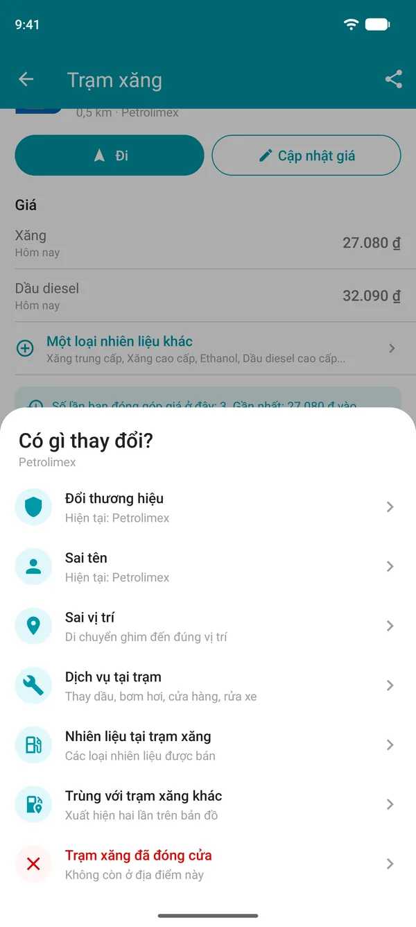 Các tùy chọn Đề xuất thay đổi trong ứng dụng Drivvo: thương hiệu, tên, vị trí, dịch vụ, nhiên liệu, trạm trùng lặp hoặc đã đóng cửa