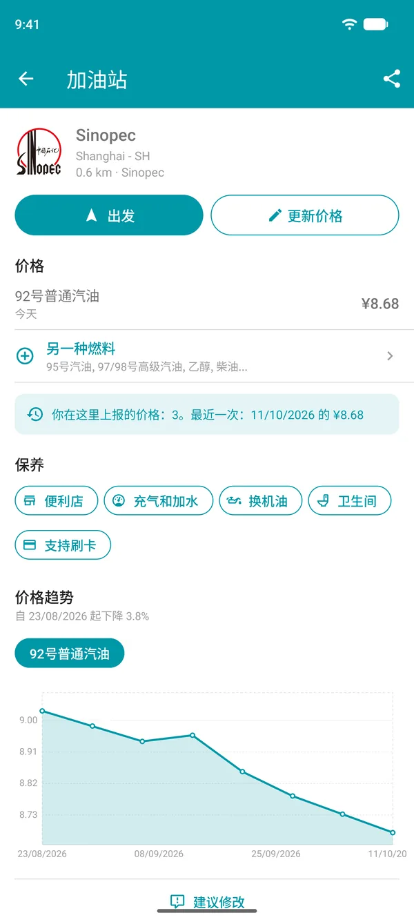 Drivvo 应用中的加油站详情,显示燃料价格、服务和历史价格图表