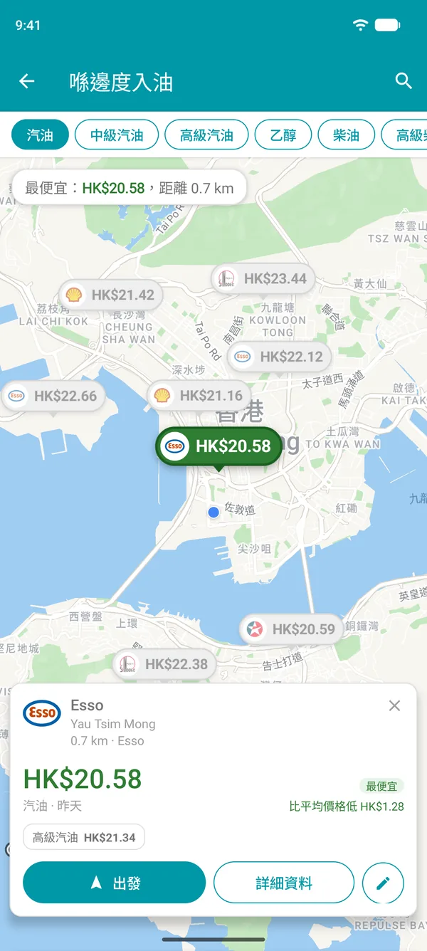 Drivvo 應用程式中開啟嘅最平加油站,顯示燃料價格、距離同出發按鈕