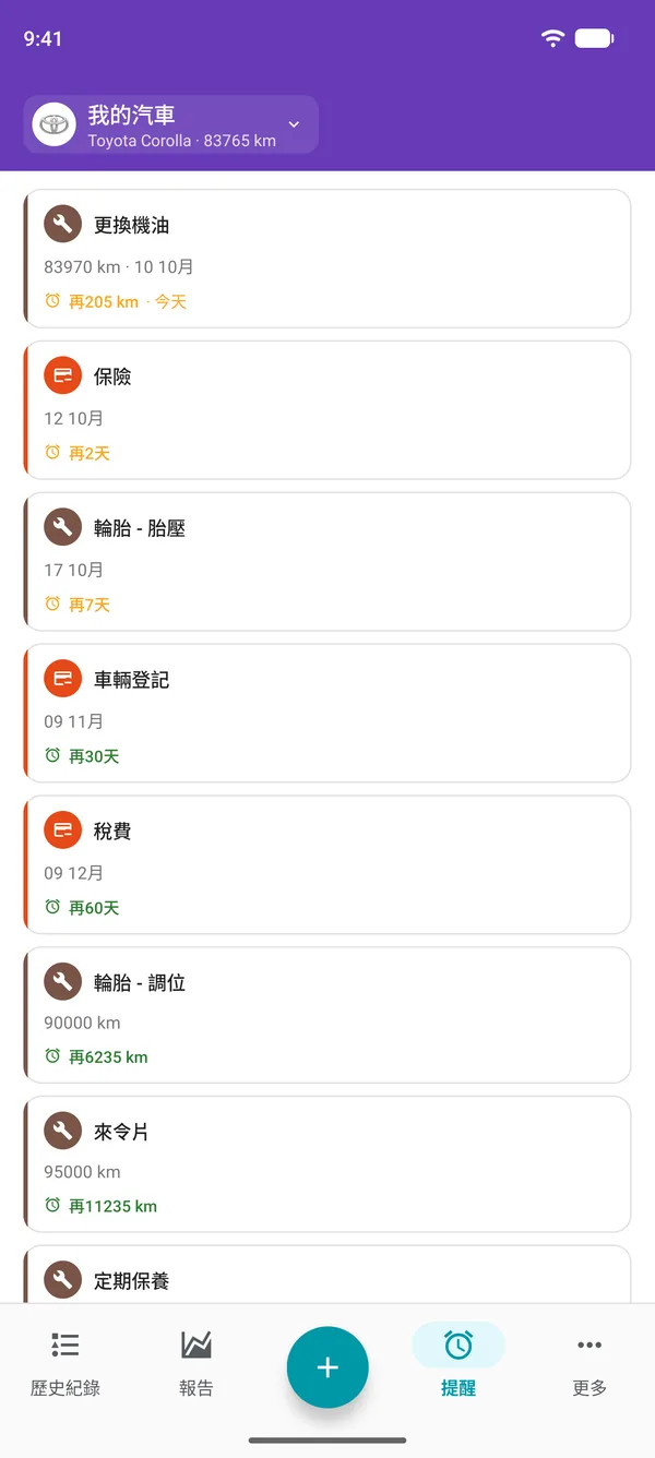 Drivvo App 中的保養、車輛登記和稅金提醒,顯示各項目距離到期還有多久