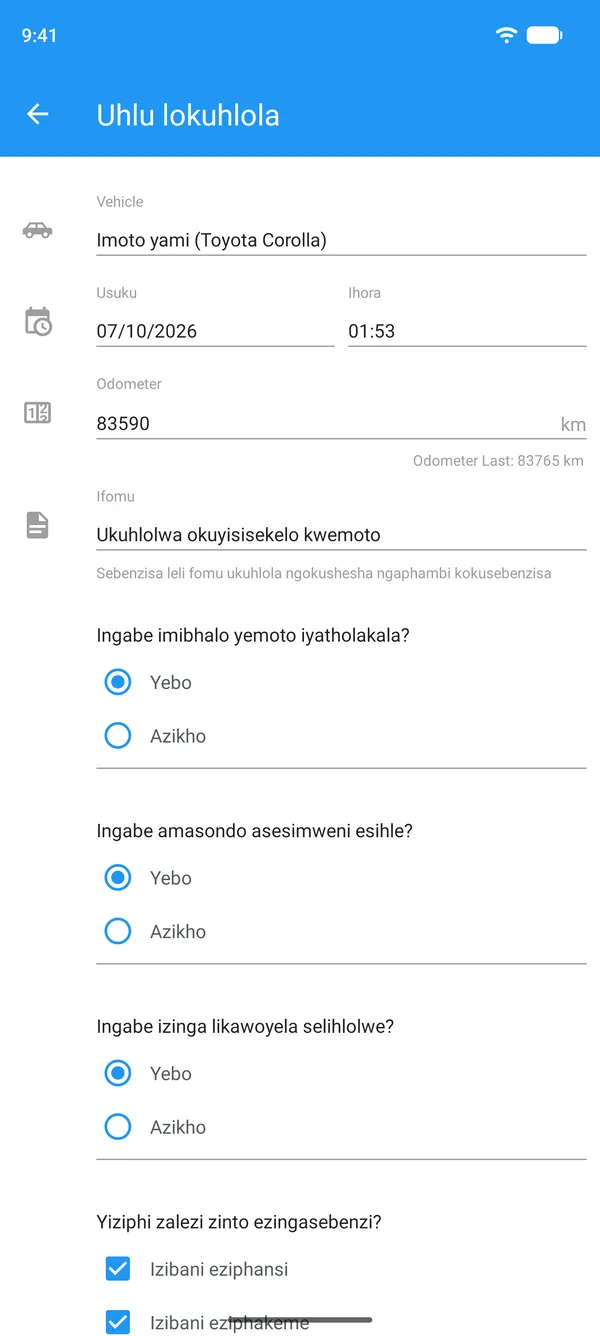 Uhlu lokuhlola imoto olugcwaliswe efonini, olunemoto, i-odometer nezimpendulo zika-yebo noma cha
