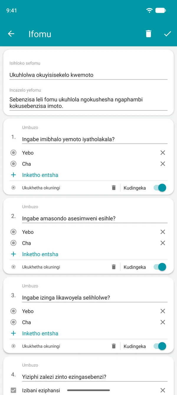 Kwakhiwa ifomu lohlu lokuhlola ku-Drivvo, elinemibuzo kayebo noma cha nenkambu okufanele igcwaliswe