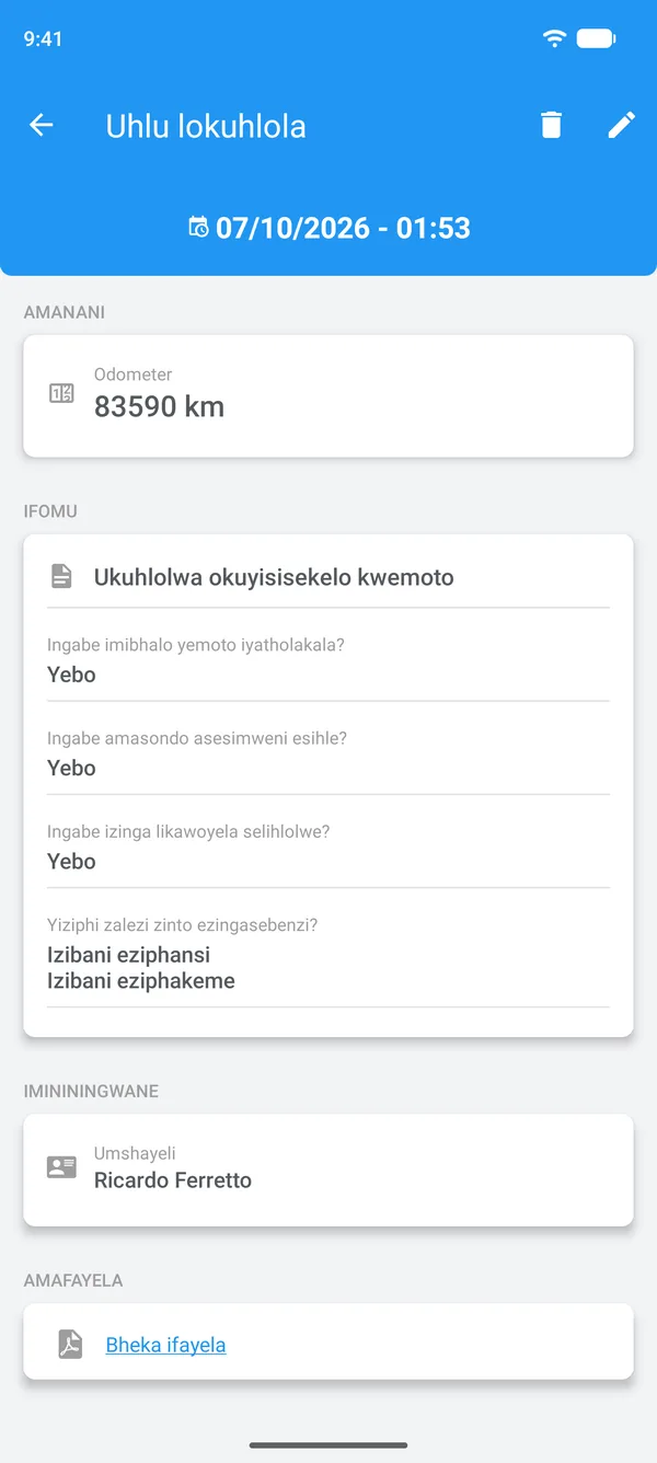 Uhlu lokuhlola oluqediwe ku-Drivvo, olunezimpendulo, umshayeli nefayela elinamathiselwe