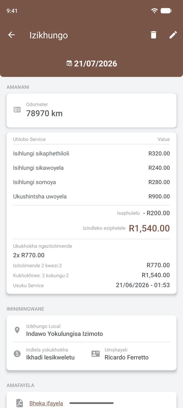Imininingwane yesevisi enezinto, isaphulelo, izitolimende, indawo nomshayeli