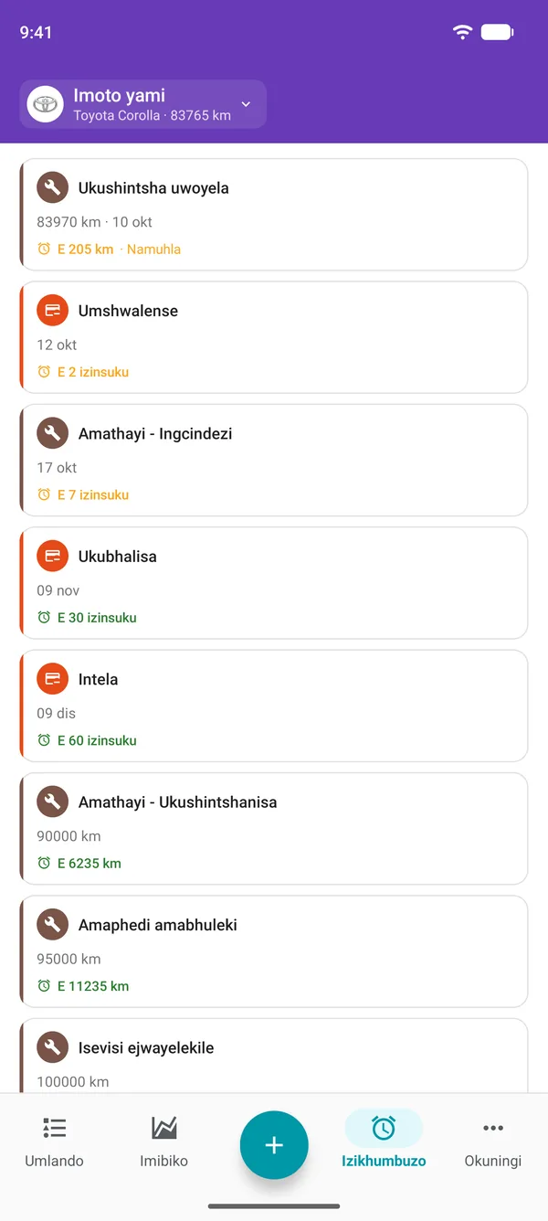 Izikhumbuzi ohlelweni lokusebenza lwe-Drivvo zamasevisi, ukubhaliswa nezintela, ezibonisa isikhathi esisele ngaphambi kokuba ngakunye kufike isikhathi