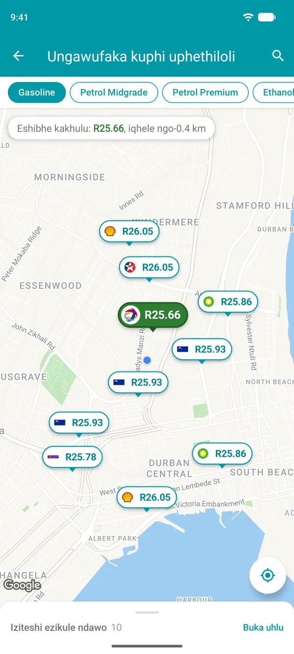 Ibalazwe ku-app ye-Drivvo elibonisa intengo kaphethiloli egalaji ngalinye eliseduze nawe, nelishibhe kakhulu liluhlaza