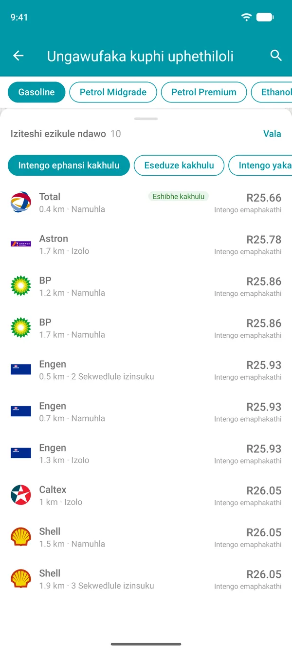 Uhlu lwamagalaji kaphethiloli aseduze nawe ku-Drivvo, kusukela enanini eliphansi, olunenketho yokuhlela ngokwebanga