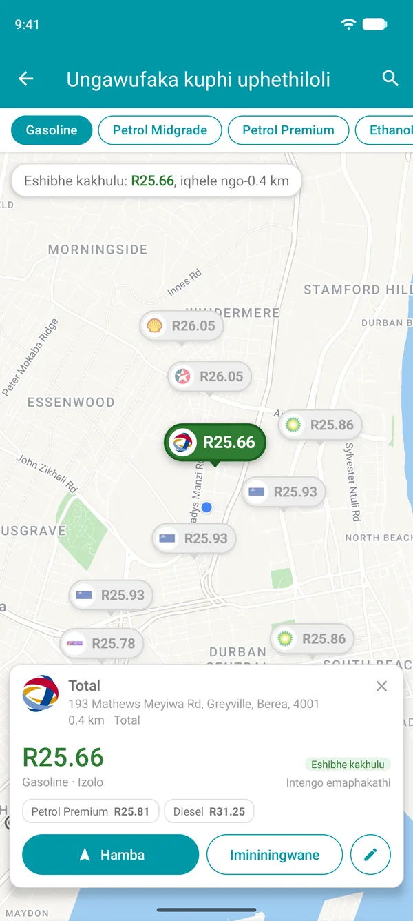 Igalaji elishibhe kakhulu elivuliwe ku-app ye-Drivvo, namanani alo kaphethiloli, ibanga nenkinobho ethi Hamba