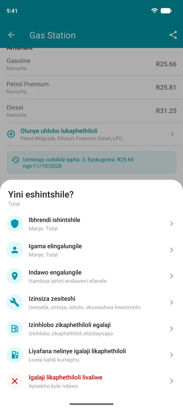 Izinketho zokuthi Phakamisa ushintsho ku-Drivvo: ibhrendi, igama, indawo, izinsiza, izinhlobo zikaphethiloli, igalaji likaphethiloli eliphindwe kabili noma elivaliwe